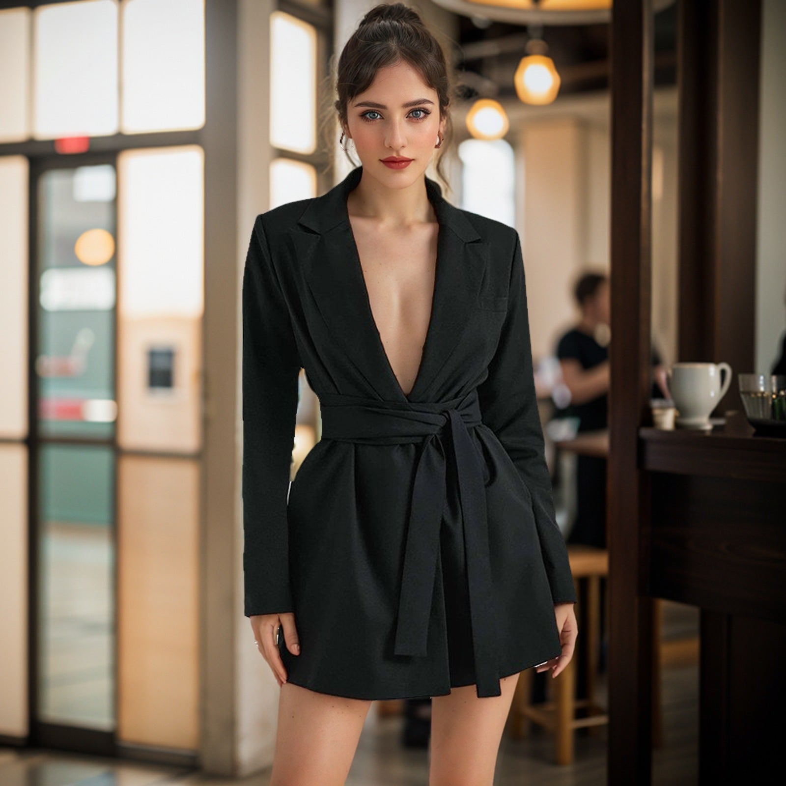R&B | Blazer Slim Fit Taillengürtel V-Ausschnitt Langarm Mittellang Maßgeschneidert