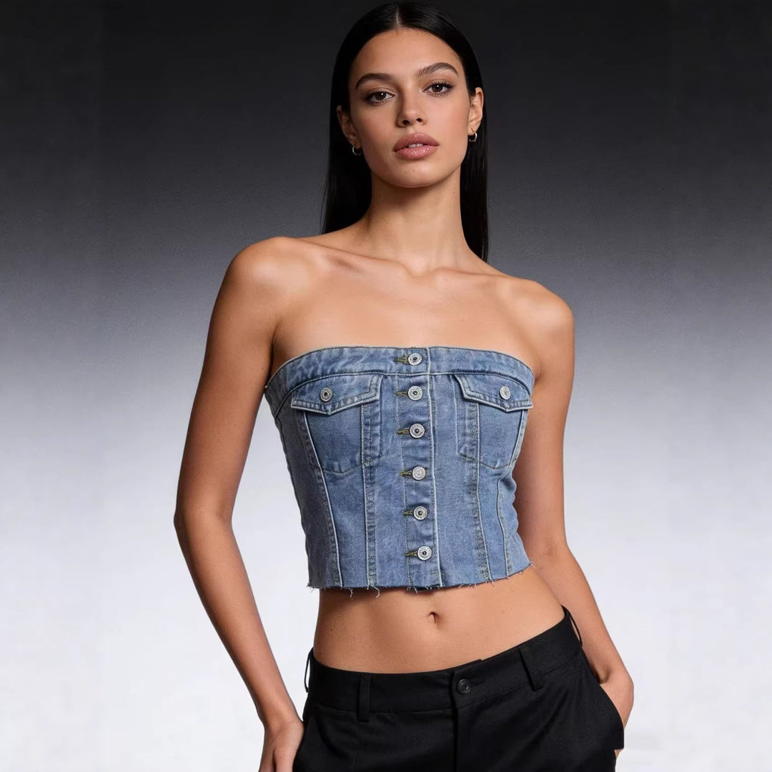 Damen Denim Bustier-Top mit Knopfdetail und Fransen R&B