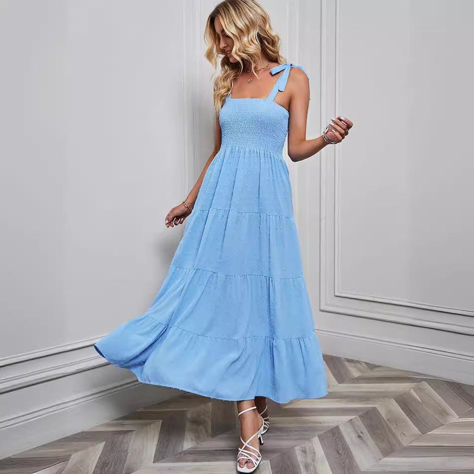 Damen Maxikleid im festlichen Boho-Stil mit schmalen Trägern und elastischem Oberteil R&B