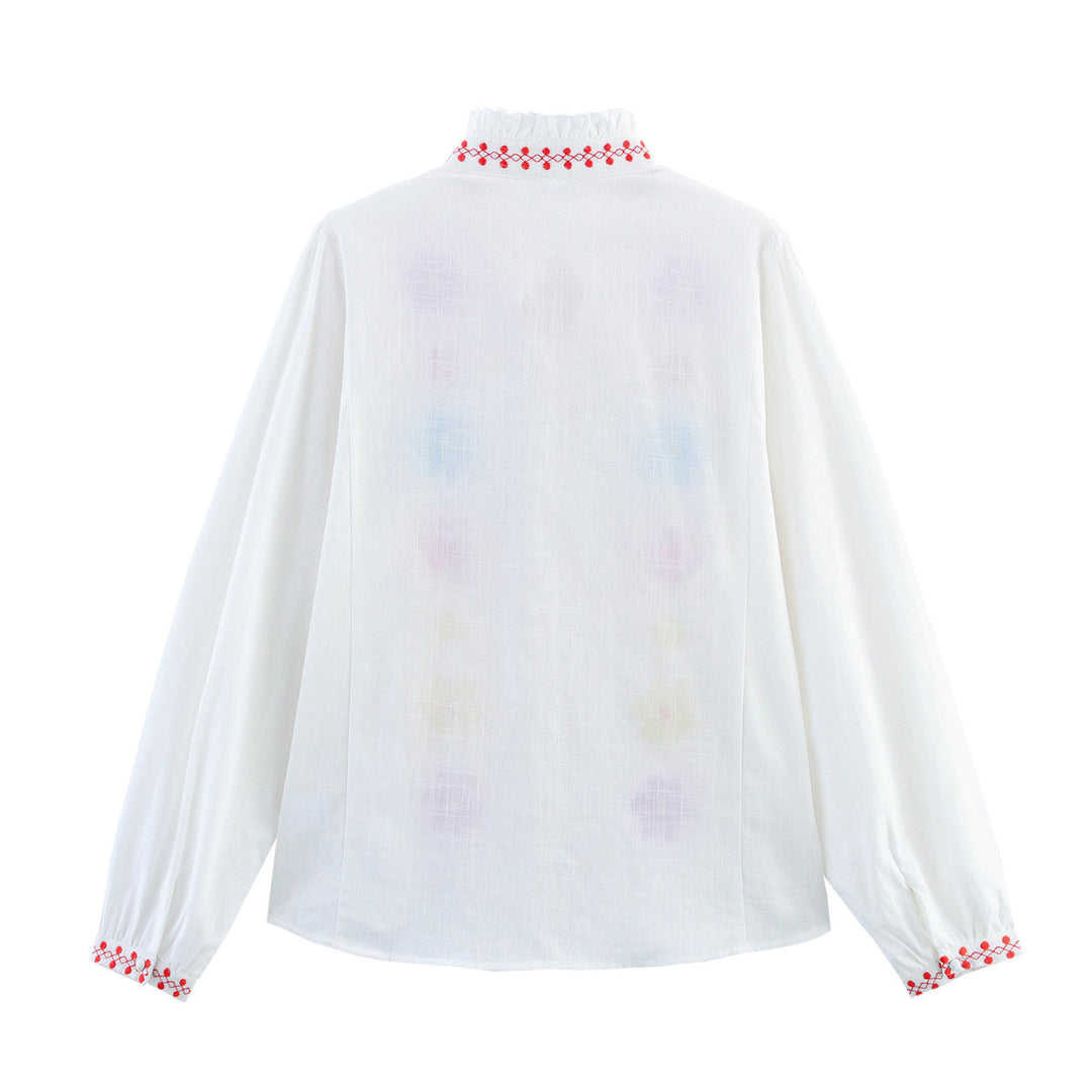 Damen Bluse mit bunten Stickereien und romantischem Rüschendesign R&B