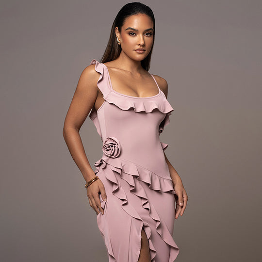 Damen Elegantes Rüschenskleid mit seitlichem Schlitz R&B