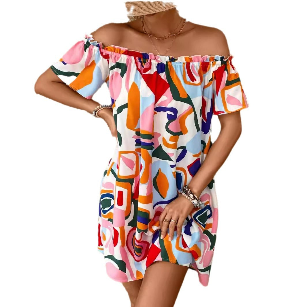 Damen Minikleid mit schulterfreiem Design und lR&Bhaftem Farbprint R&B