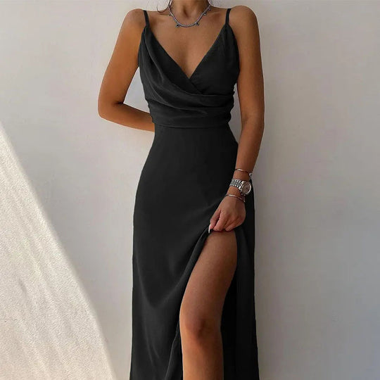 R&B | Kleid mit Hosenträgern und V-Ausschnitt mit geteiltem Print