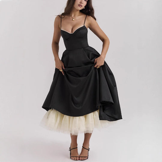 Damen nan tailliertes retro-inspiriertes Midikleid mit Korsage Unterbrustnähten Tellerrock und Eingrifftaschen R&B
