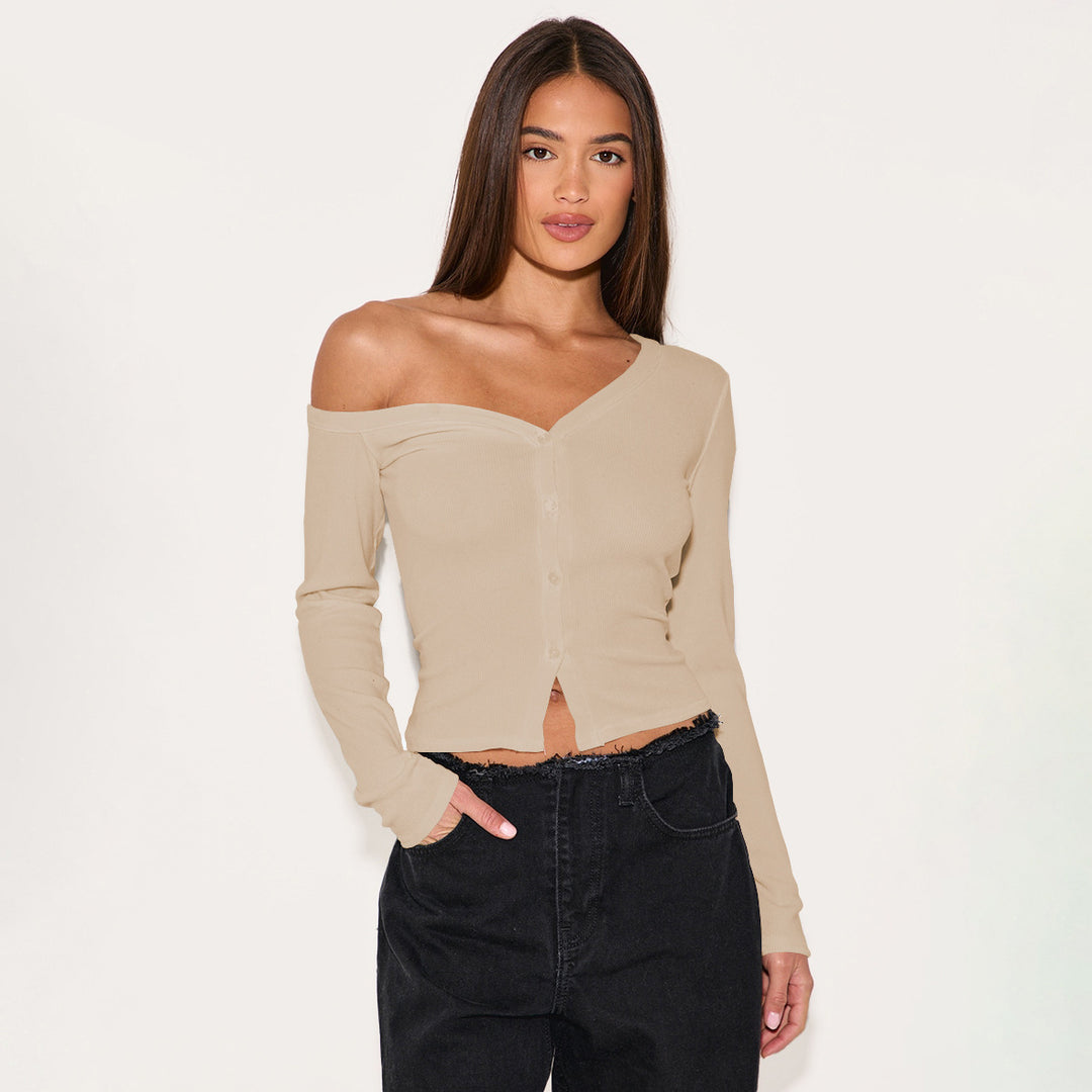 Damen Off-Shoulder Cropped Cardigan mit Knopfleiste R&B