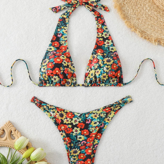 Damen Triangel-Bikini mit tiefem Ausschnitt und floralem Muster R&B