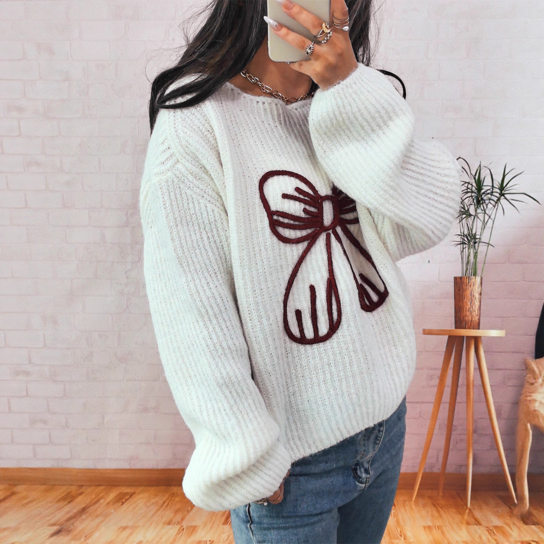 Damen Grobstrickpullover mit verspieltem Schleifenmotiv R&B