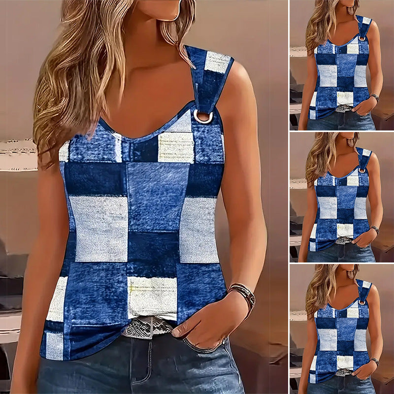 Damen nan ärmelloses Patchwork-Top mit D-Ring-Trägern und leicht asymmetrischem Saum R&B