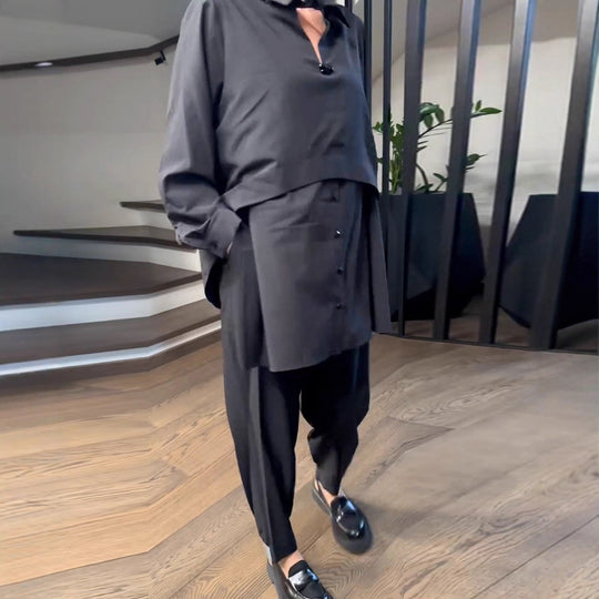Damen nan urbanes Lagenhemd-Set mit überlappendem Kurzüberwurf und konisch geschnittener Bundfaltenhose R&B