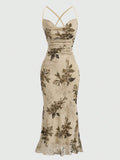 Damen körperbetontes Maxikleid mit floralem Design und Spaghettiträgern