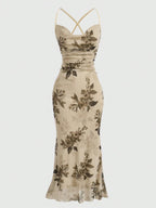 Damen körperbetontes Maxikleid mit floralem Design und Spaghettiträgern