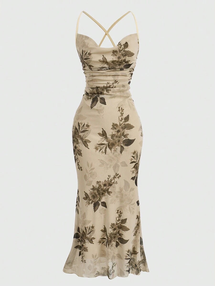 Damen körperbetontes Maxikleid mit floralem Design und Spaghettiträgern