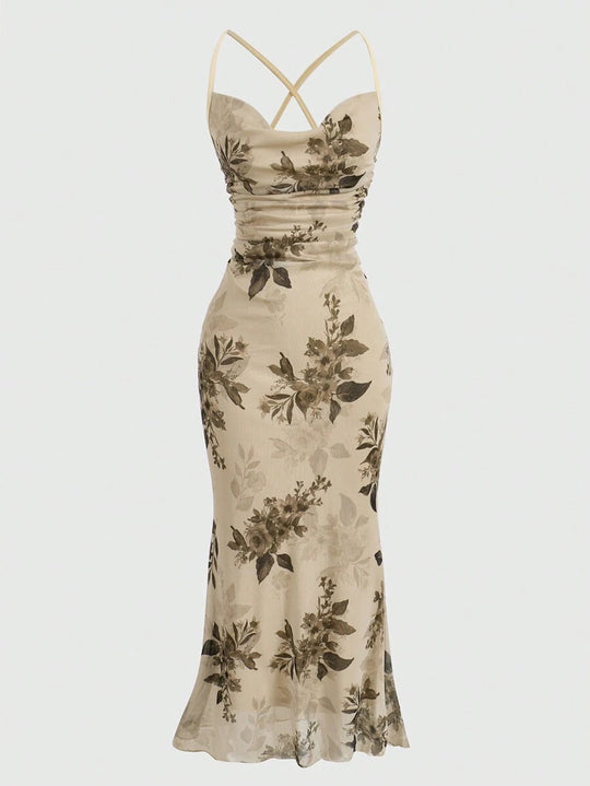 Damen körperbetontes Maxikleid mit floralem Design und Spaghettiträgern R&B
