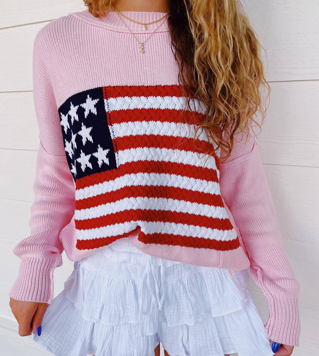 Damen Strickpullover mit auffälligem Flaggenmotiv und lässigem Schnitt R&B