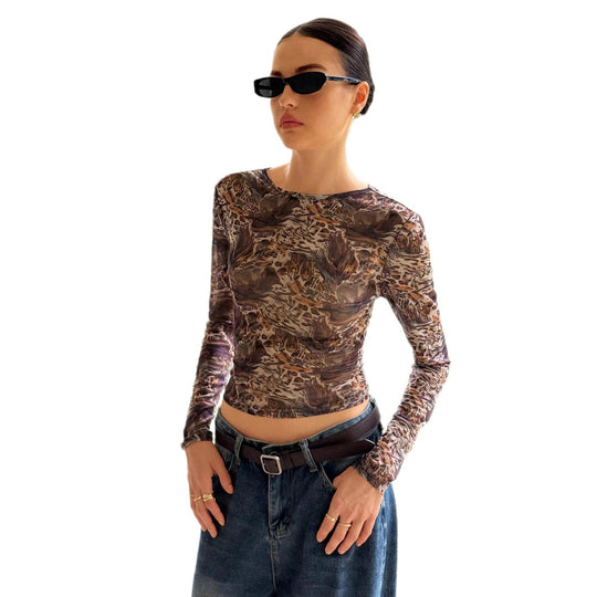 Damen nan schlanker Stretch-Longsleeve aus feinem Mesh mit abstraktem Tiermuster und tailliertem Cropped-Schnitt R&B