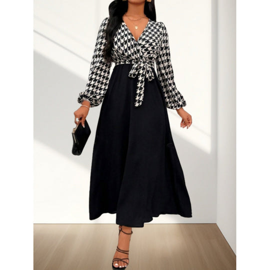 Damen Maxi-Kleid mit Kreuzverschluss und elegantem Hahnentrittmuster R&B