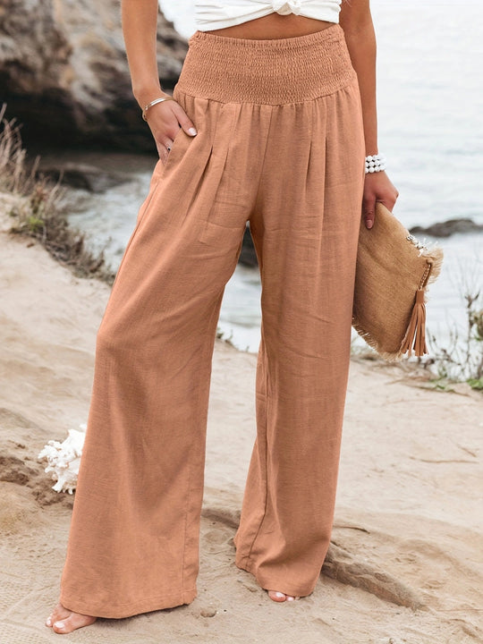 Damen Weite Leinenhose mit elastischem Bund und Falten R&B