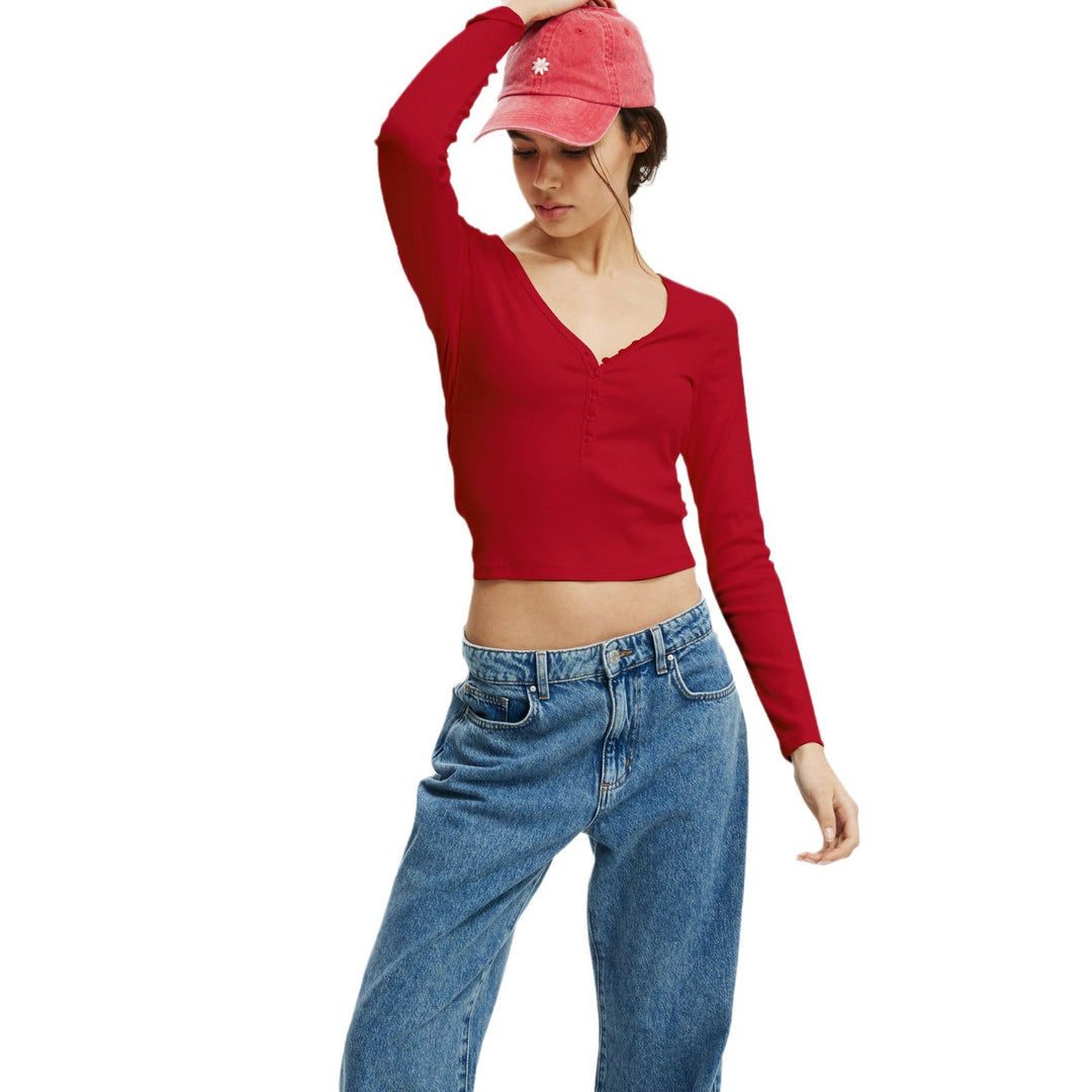 Damen Langarmshirt mit tiefem V-Ausschnitt und Knopfleiste R&B