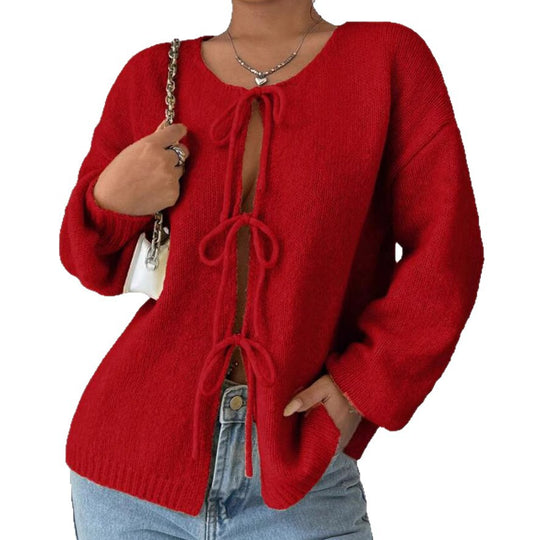 Damen Oversized Strickpullover mit dekorativem Schnürdetail R&B