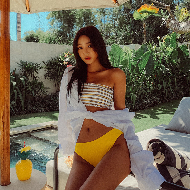 Damen Bandeau-Bikini-Set mit dekorativem Rüschendesign und hoch geschnittenem Unterteil R&B