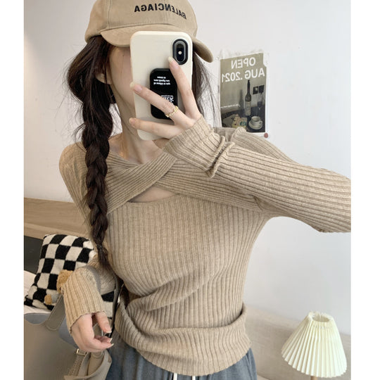 Damen Langarmshirt mit offener Schulterpartie und Rippstrickmuster R&B