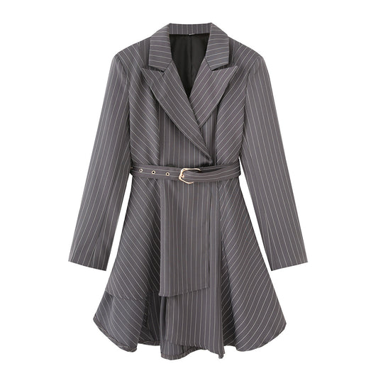 Damen gestreifte Blazerjacke mit definiertem Taillenschnitt und elegantem Gürtel R&B