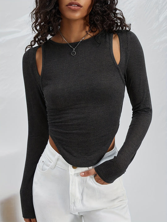 Damen Langarmshirt mit asymmetrischem Cut-Out und Rippstruktur R&B