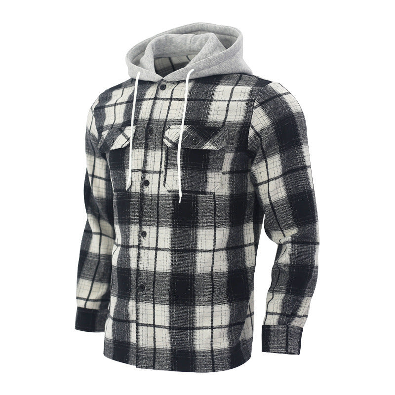Herren Karierte Flanelljacke mit Hoodie und zwei Brusttaschen R&B