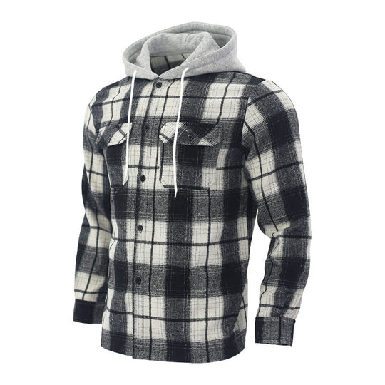Herren Karierte Flanelljacke mit Hoodie und zwei Brusttaschen R&B