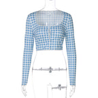 Damen cropped Langarmbluse mit Karomuster R&B