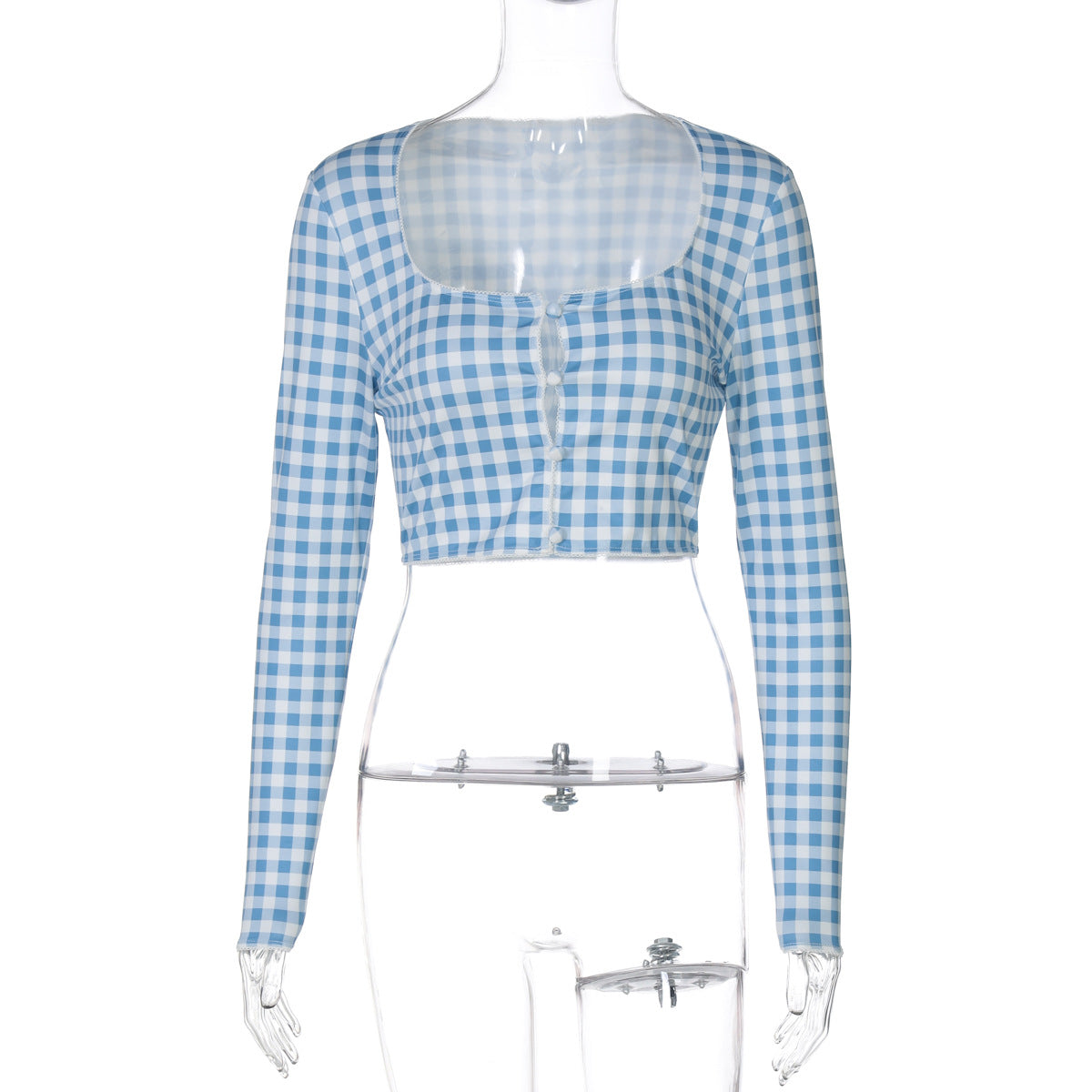 Damen cropped Langarmbluse mit Karomuster R&B