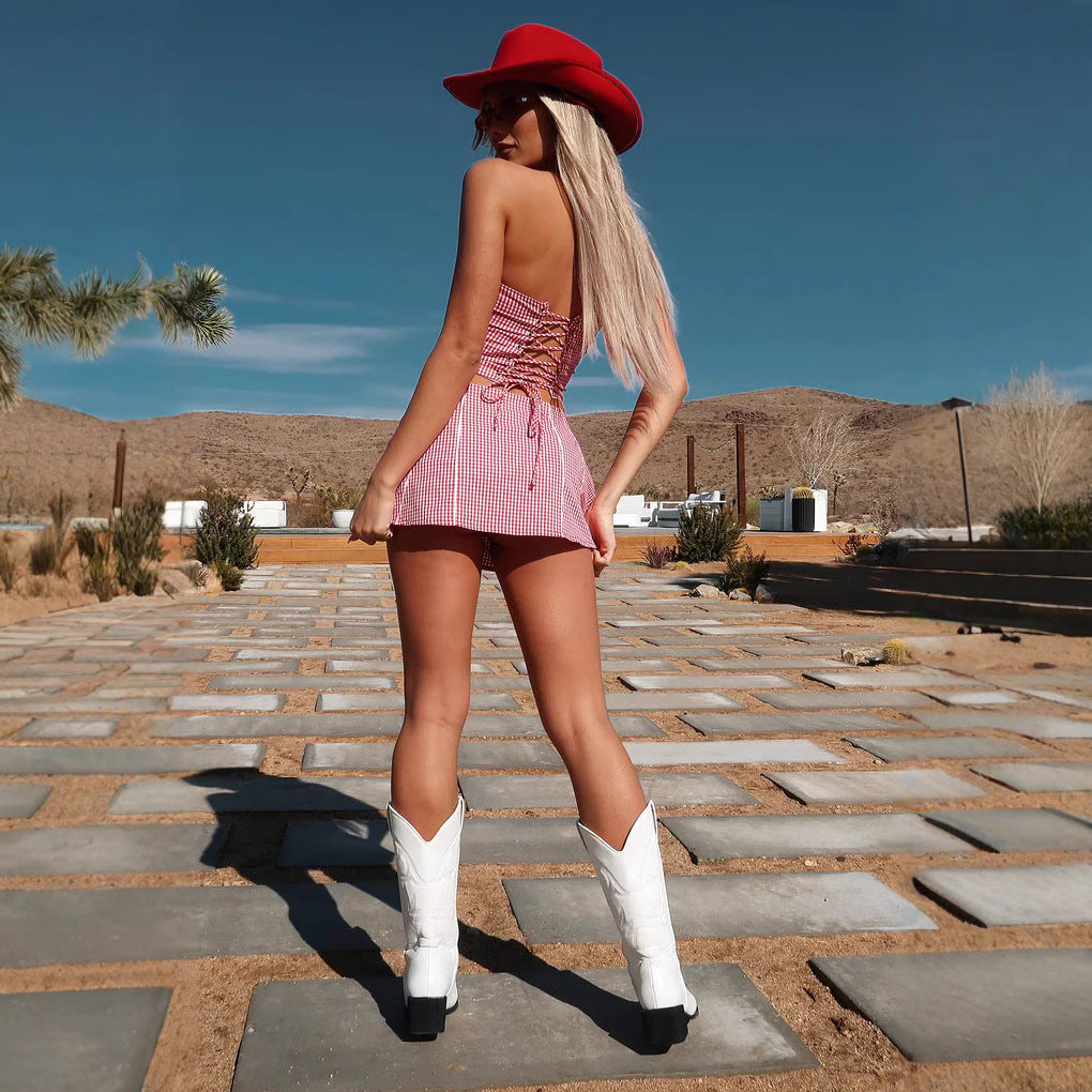 Damen Top und Minirock Set mit karierter Textur und lässigem Schnitt R&B