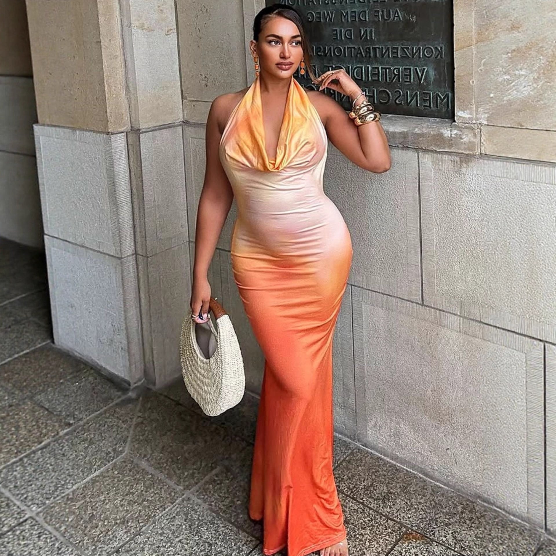 Damen Maxikleid mit schmeichelndem Watercolor-Effekt und tiefem V-Ausschnitt R&B