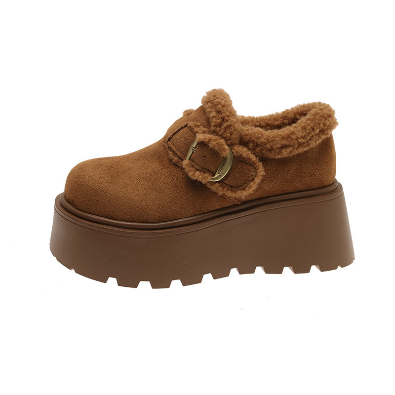 Damen Plüschige Slipper mit robustem Plateau und eleganter Schnalle R&B