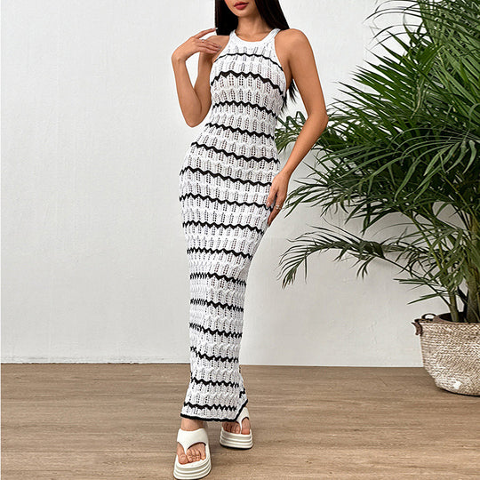 Damen Häkel Langkleid mit dekorativem Wellenmuster und figurbetonter Silhouette R&B