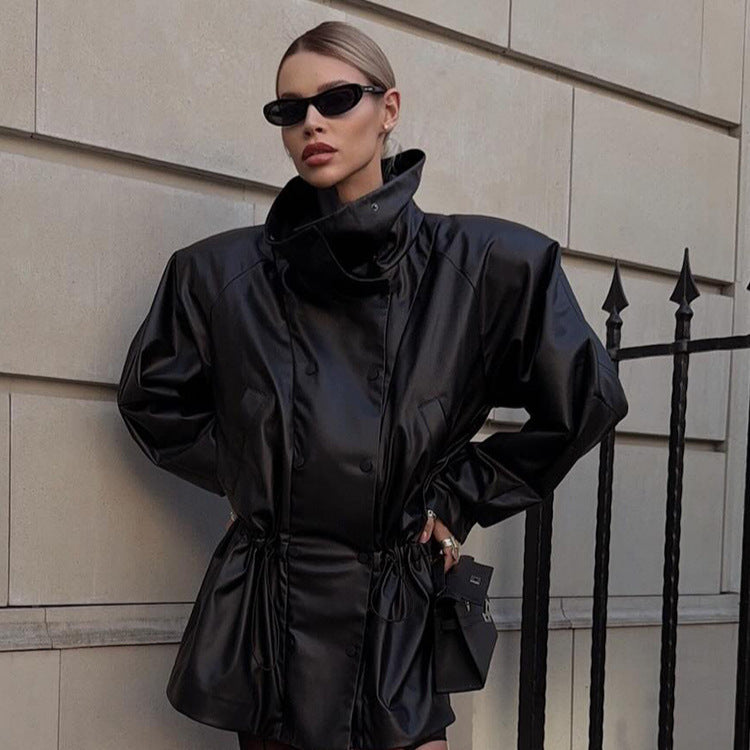 Damen Kunstlederjacke mit modischem Oversized-Schnitt und taillierbarem Gürtel R&B