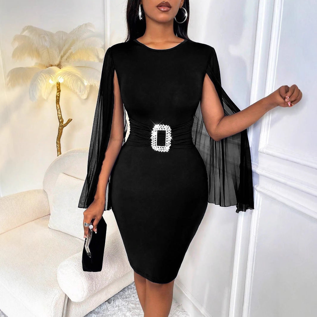 Damen Elegantes Wickelkleid mit transparenten Ärmeln und schimmerndem Taillengürtel R&B
