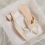 Damen elegante Mules mit perlenverziertem Schleifendetail