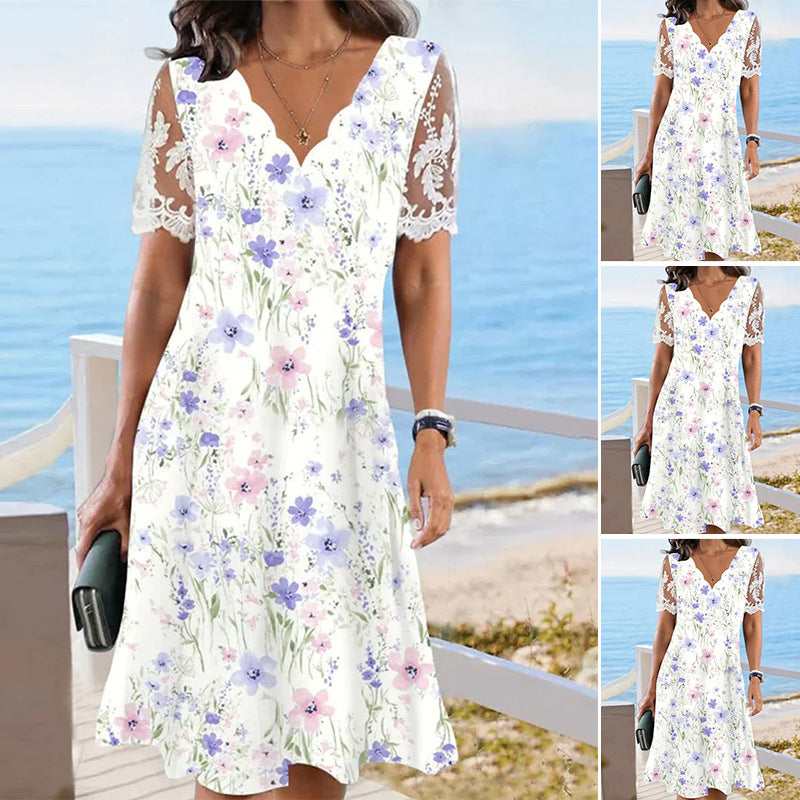 Damen nan A-Linien-Midikleid mit wellenförmigem V-Ausschnitt, ganzflächigem Blumenmuster und transparenten Spitzenärmeln R&B