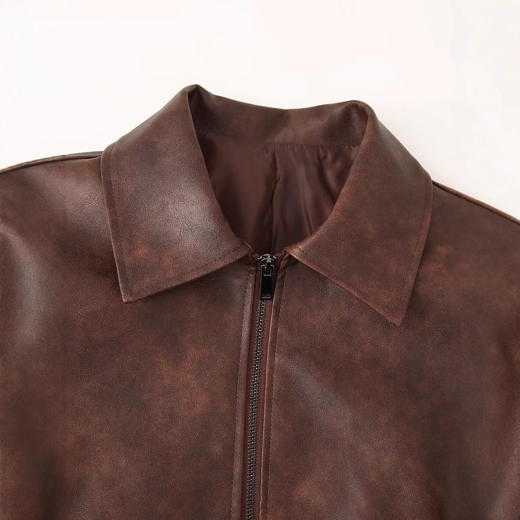 Damen cropped Kunstlederjacke mit stylischem Stehkragen und Reißverschlusstaschen R&B