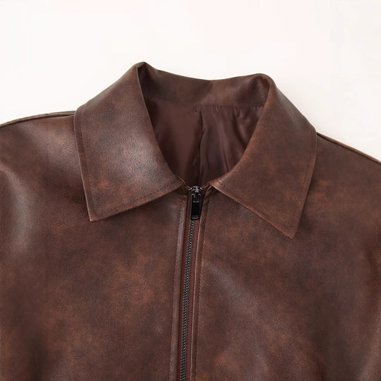 Damen cropped Kunstlederjacke mit stylischem Stehkragen und Reißverschlusstaschen R&B