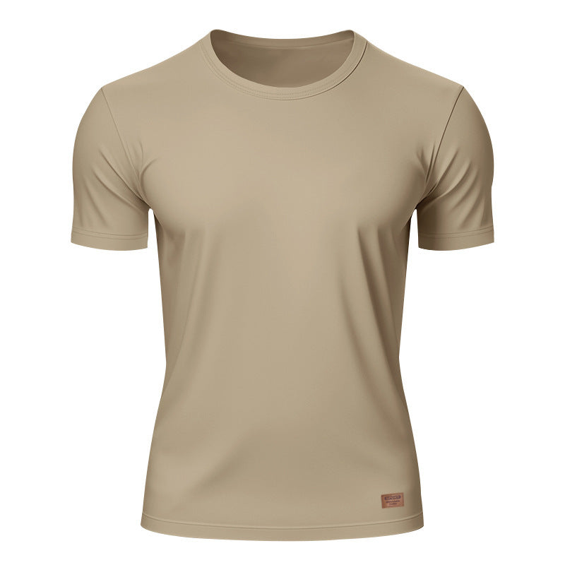 Herren nan schlankes Rundhals-T-Shirt aus glattem Stretchjersey mit dezenter Leder-Logoapplikation R&B