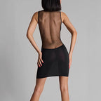 Damen figurbetontes Minikleid mit tiefem V-Ausschnitt und transparentem Mesh-Einsatz R&B