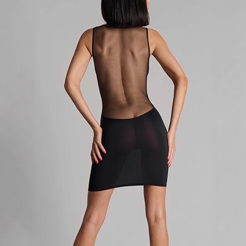 Damen figurbetontes Minikleid mit tiefem V-Ausschnitt und transparentem Mesh-Einsatz R&B