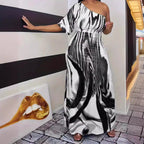 Damen Maxikleid mit asymmetrischem Ausschnitt und modernem Wellenmuster R&B