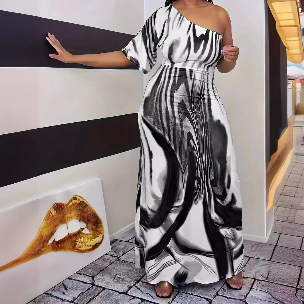 Damen Maxikleid mit asymmetrischem Ausschnitt und modernem Wellenmuster R&B