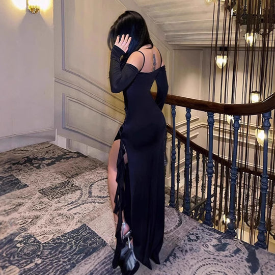 Damen Elegantes langärmliges Maxikleid mit asymmetrischem Saum und Rüschendetails R&B