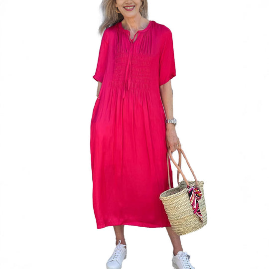 Damen nan lässiges Midikleid mit geraffter Brustpasse, filigratem Schlupfkragen, Bindeband und Seitentaschen R&B