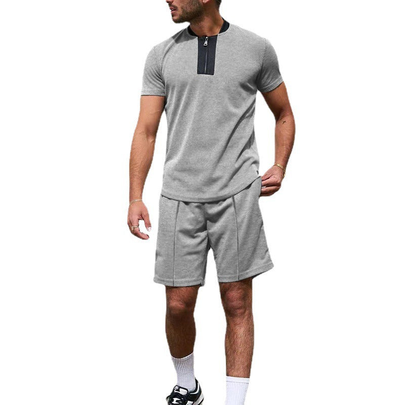 Herren Sportliches Kurzarm-T-Shirt mit Reißverschluss und Joggingshorts R&B