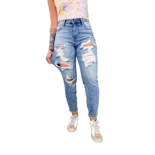 Damen Skinny Jeans mit modischem destroyed Look und elastischem Bund R&B